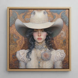 Helena - Wlw Lesbian Cowgirl Art Print / Canvas Framed Portrait Woman Ornate Cream-colored Cowboy Hat Intricate Sapphic, Elegant Outlaw