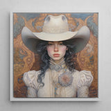 Helena - Wlw Lesbian Cowgirl Art Print / Canvas Framed Portrait Woman Ornate Cream-colored Cowboy Hat Intricate Sapphic, Elegant Outlaw