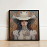 Framed Artwork Woman Ornate Cream-colored Cowboy Hat High-collared Lesbian Cowgirl Sapphic, Elegant Outlaw Reminding, Spirit’s Queer