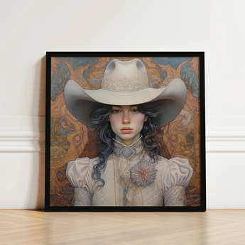 Framed Artwork Woman Ornate Cream-colored Cowboy Hat High-collared Lesbian Cowgirl Sapphic, Elegant Outlaw Reminding, Spirit’s Queer