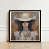 Framed Artwork Woman Ornate Cream-colored Cowboy Hat High-collared Lesbian Cowgirl Sapphic, Elegant Outlaw Reminding, Spirit’s Queer