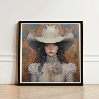 Framed Artwork Woman Ornate Cream-colored Cowboy Hat High-collared Lesbian Cowgirl Sapphic, Elegant Outlaw Reminding, Spirit’s Queer