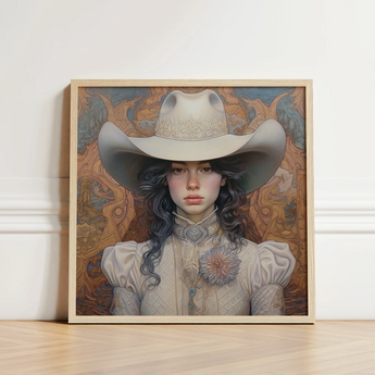 Framed Artwork Woman Ornate Cream-colored Cowboy Hat High-collared Lesbian Cowgirl Sapphic, Elegant Outlaw Reminding, Spirit’s Queer