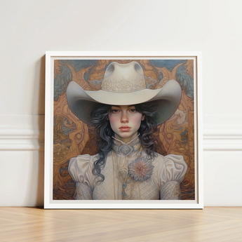 Framed Artwork Woman Ornate Cream-colored Cowboy Hat High-collared Lesbian Cowgirl Sapphic, Elegant Outlaw Reminding, Spirit’s Queer
