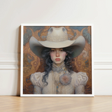 Framed Portrait Woman Ornate Cream-colored Cowboy Hat High-collared Lesbian Cowgirl Sapphic, Elegant Outlaw Reminding, Spirit’s Queer