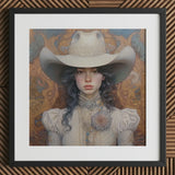 Helena - Wlw Lesbian Cowgirl Art Print / Canvas Cowboy Hat Intricate Floral Embroidery Cream-colored Leather Sapphic, Elegant Outlaw