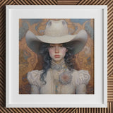 Helena - Wlw Lesbian Cowgirl Art Print / Canvas Cowboy Hat White Band Floral Brooch Cream-colored Fabric Sapphic, Elegant Outlaw Reminding,