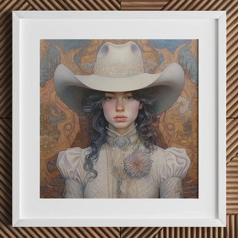 Helena - Wlw Lesbian Cowgirl Art Print / Canvas Cowboy Hat White Band Floral Brooch Cream-colored Fabric Sapphic, Elegant Outlaw Reminding,