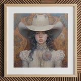 Helena - Wlw Lesbian Cowgirl Art Print / Canvas Cowboy Hat Wide Brim Floral Brooch Cream-colored Leather Sapphic, Elegant Outlaw Reminding,