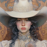 Helena - Wlw Lesbian Cowgirl Art Print / Canvas Cream-colored Cowboy Hat Intricate Embossed Floral Crown Sapphic, Elegant Outlaw Reminding,