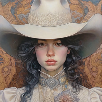 Helena - Wlw Lesbian Cowgirl Art Print / Canvas Cream-colored Cowboy Hat Intricate Embossed Floral Crown Sapphic, Elegant Outlaw Reminding,