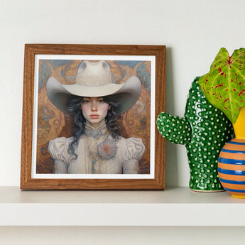 Helena - Wlw Lesbian Cowgirl Art Print / Canvas Framed Artwork Figure White Cowboy Hat Victorian-style Blouse Sapphic, Elegant Outlaw