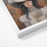Framed Art Print Woman Ornate Cream-colored Victorian-style Dress Lesbian Cowgirl Sapphic, Elegant Outlaw Reminding, Spirit’s Queer