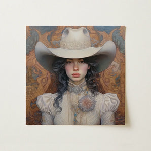 Helena - Wlw Lesbian Cowgirl Art Print / Canvas Square Painting Woman Off-white Intricately Embroidered Cowboy Sapphic, Elegant Outlaw