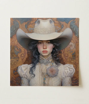 Square Canvas Painting Woman Off-white Intricately Embroidered Cowboy Lesbian Cowgirl Sapphic, Elegant Outlaw Reminding, Spirit’s Queer