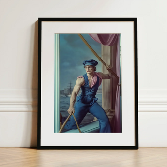 Hender Bender - Gay Russian Sailor Art Print / Canvas Framed Artwork Muscular Sailor Blue Cap Oars Backdrop Hender Bender Sailor, Gay