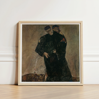 Framed Painting Light Wood Frame Two Figures Dark Egon Schiele, Men, Vienna Expressionist Circle, Black Robes Seam, Hand’s Fingers Splay,