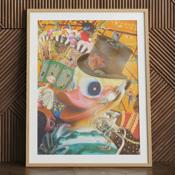 Hey Good Looking - Surreal Carnival Collage Art Print Vibrant Surreal Artwork Yellow Duck Brown Hat Adorned Carnival Collage, Carousel