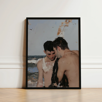 Black-framed Artwork Two Shirtless Men Beach Scene Rendered Gay Hookup Art Print, Surf Spits Foam, Faces Drift Nearer