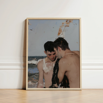 Framed Painting Two Shirtless Men Beach Scene Enclosed Gay Hookup Art Print, Surf Spits Foam, Faces Drift Nearer