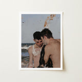 High Tide - Gay Hookup Art Print / Canvas White-framed Two Shirtless Men Beach Scene, Surf Spits Foam, Faces Drift Nearer Prints