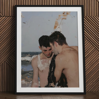 High Tide - Gay Hookup Art Print / Canvas Black Framed Poster Two Shirtless Men Beach, Surf Spits Foam, Faces Drift Nearer Prints