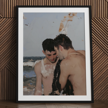 High Tide - Gay Hookup Art Print / Canvas Black Framed Poster Two Shirtless Men Beach Gay Hookup Art Print, Surf Spits Foam, Faces Drift