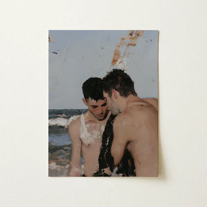High Tide - Gay Hookup Art Print / Canvas Rectangular Painting Two Shirtless Men Beach Rendered, Surf Spits Foam, Faces Drift Nearer Prints