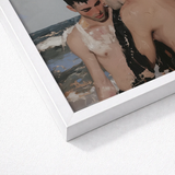White Framed Painting Two Men Beach Scene Impasto Gay Hookup Art Print, Surf Spits Foam, Faces Drift Nearer