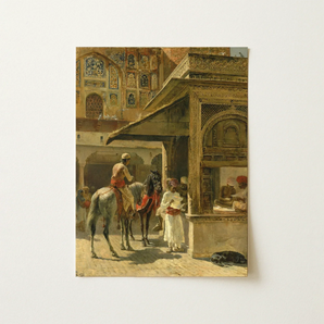 Hindu Merchants - Edwin Lord Weeks Art Print / Canvas Framed Painting Ornate Indian Courtyard Scene Figures Horseback Carved Marble Kiosk,