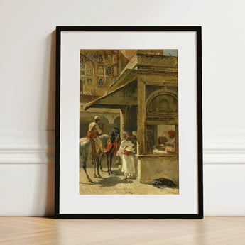 Hindu Merchants - Edwin Lord Weeks Art Print / Canvas Black-framed Detailed Historical Scene Warm Earth Carved Marble Kiosk, Ink Bleeds
