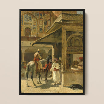 Hindu Merchants - Edwin Lord Weeks Art Print / Canvas Framed Painting Ornate Indian Courtyard Scene Figures Horseback Carved Marble Kiosk,