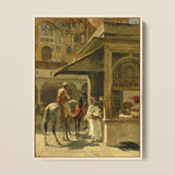 Hindu Merchants - Edwin Lord Weeks Art Print / Canvas Framed Painting Ornate Indian Courtyard Scene Figures Horseback Carved Marble Kiosk,