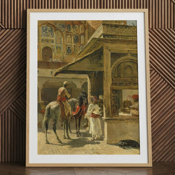 Hindu Merchants - Edwin Lord Weeks Art Print / Canvas Gold-framed Watercolor Painting Horse Rider Carved Marble Kiosk, Ink Bleeds Prints
