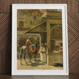 Hindu Merchants - Edwin Lord Weeks Art Print / Canvas White Framed Gold-toned Artwork Historical Scene Carved Marble Kiosk, Ink Bleeds