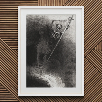 And His Name that Sat on Him was Death - Odilon Redon Art Print / Canvas Framed Black White Skeletal Figure Flag Odilon Redon Art, Rider