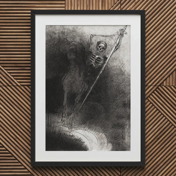 And His Name that Sat on Him was Death - Odilon Redon Art Print / Canvas Framed Black White Skeleton Figure Horseback Banner, Skeletal