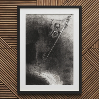 And His Name that Sat on Him was Death - Odilon Redon Art Print / Canvas Framed Black White Print Skeleton Figure Horseback Banner Odilon