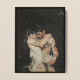 Hold Tight - Ancient Gay Fantasy Art Print / Canvas Black-framed Artwork Two Muscular Men Tender Painterly Style, Prints