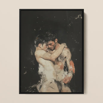 Hold Tight - Ancient Gay Fantasy Art Print / Canvas Black-framed Artwork Two Muscular Men Tender Painterly Style, Prints