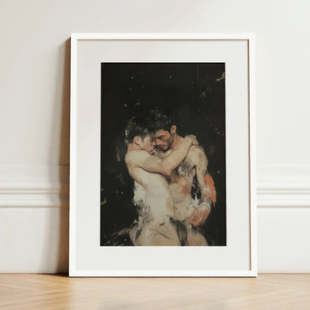 Hold Tight - Ancient Gay Fantasy Art Print / Canvas White-framed Tender Embrace Two Muscular Men, Prints