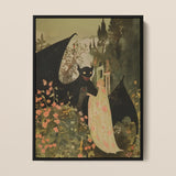 Home Sweet - Creepy Cute Demon Art Print / Canvas Black-framed Artwork Whimsical Scene Child Off-white Floral Robe, Pastel Goth Priory,