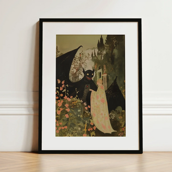 Home Sweet - Creepy Cute Demon Art Print / Canvas Black-framed Art Print Whimsical Illustration Black Dragon Eyes Creepy Cute Demon, Pastel