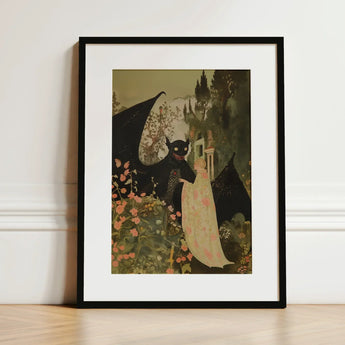 Home Sweet - Creepy Cute Demon Art Print / Canvas Black-framed Whimsical Illustration Black Dragon Eyes, Pastel Goth Priory, Lush Shadows