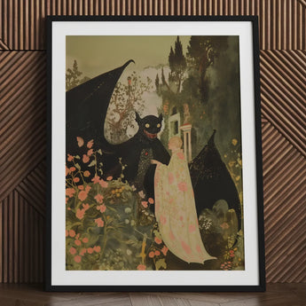 Home Sweet - Creepy Cute Demon Art Print / Canvas Black-framed Whimsical Illustration Black Dragon Eyes, Pastel Goth Priory, Lush Shadows