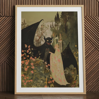 Home Sweet - Creepy Cute Demon Art Print / Canvas Framed Artwork Black Dragon Eyes Outstretched Wings Amidst, Pastel Goth Priory, Lush