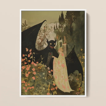 Home Sweet - Creepy Cute Demon Art Print / Canvas Framed Illustration Black Dragon Starry Wings Human Figure Creepy Cute Demon, Pastel Goth