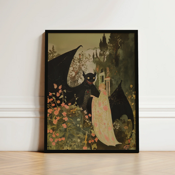 Black-framed Artwork Dark Winged Creature Figure Ornate Gown Creepy Cute Demon, Pastel Goth Priory, Lush Shadows