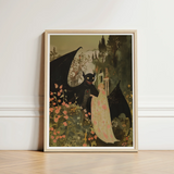 Framed Artwork Whimsical Scene Black Winged Creatures Floral Creepy Cute Demon, Pastel Goth Priory, Lush Shadows