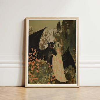 Framed Artwork Whimsical Scene Black Winged Creatures Floral Creepy Cute Demon, Pastel Goth Priory, Lush Shadows